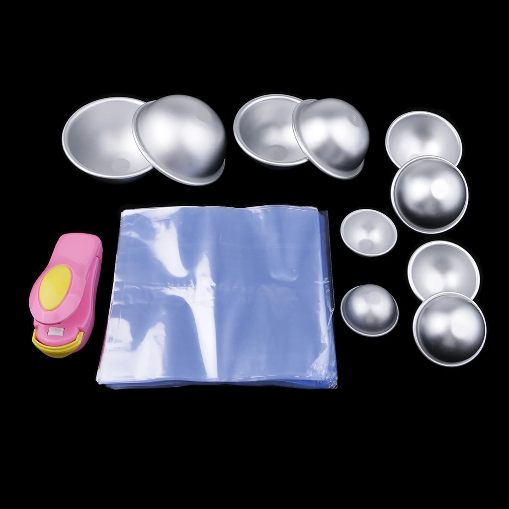 5 Set Aluminum Half Round Bath Bombs Mold With 1 Capper & 200 pcs Wrap Bag DIY Soaps ,Candles and Cake Decorating Mould Tools