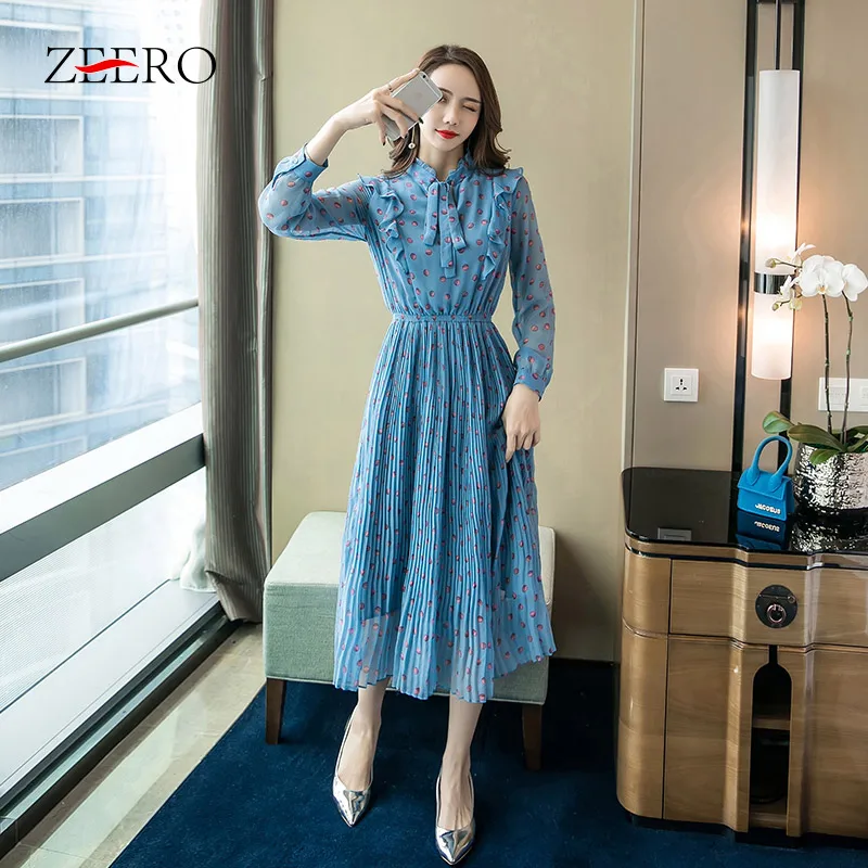 ZEERO Для женщин осеннее платье 2018 г. модные элегантные Dot печати оборками Bot рулевой
