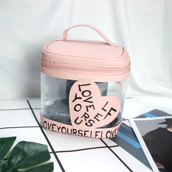 

L'OMBRE Beauty Bags Cosmetic Bag Makeup Bag PU Leather Plastic Patchwork Bag Barrel Waterproof Large Capacity Easy-organized