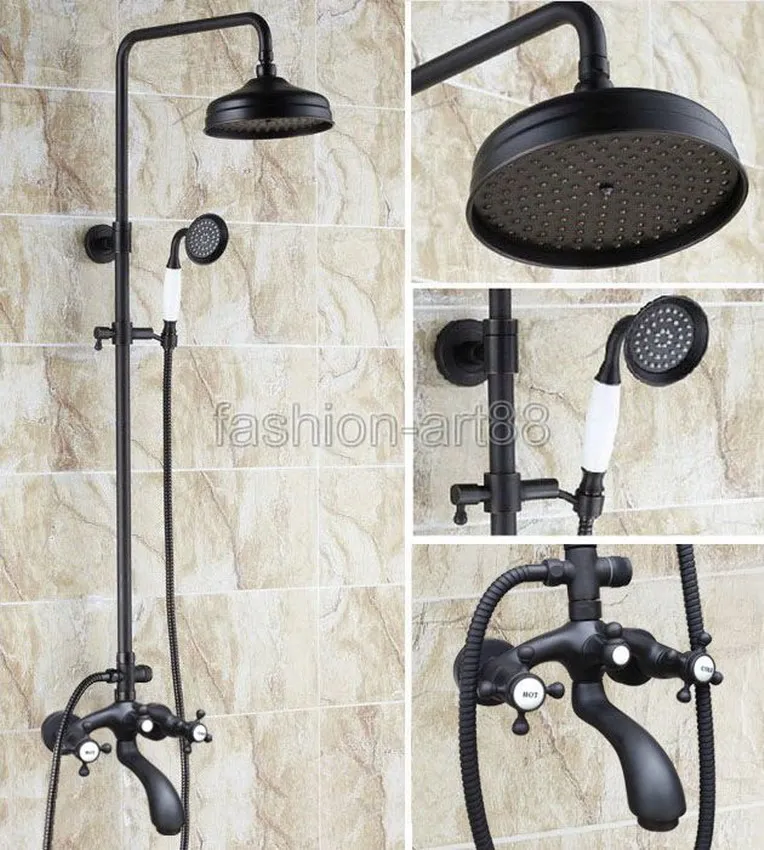 

Black Oil Rubbed Brass Wall Mounted Waterfall Rain Shower Faucet Set Dual Cross Handle Bathroom Bathtub Water Tap fhg112