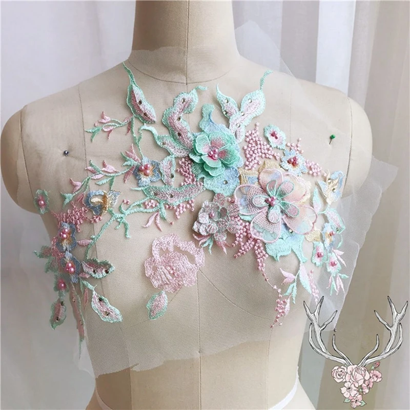 

1pc Colorful 3D Flower Embroidery Patches Bridal Lace Sewing Fabric Applique Beaded Pearl Tulle DIY Wedding Dress LNY9341