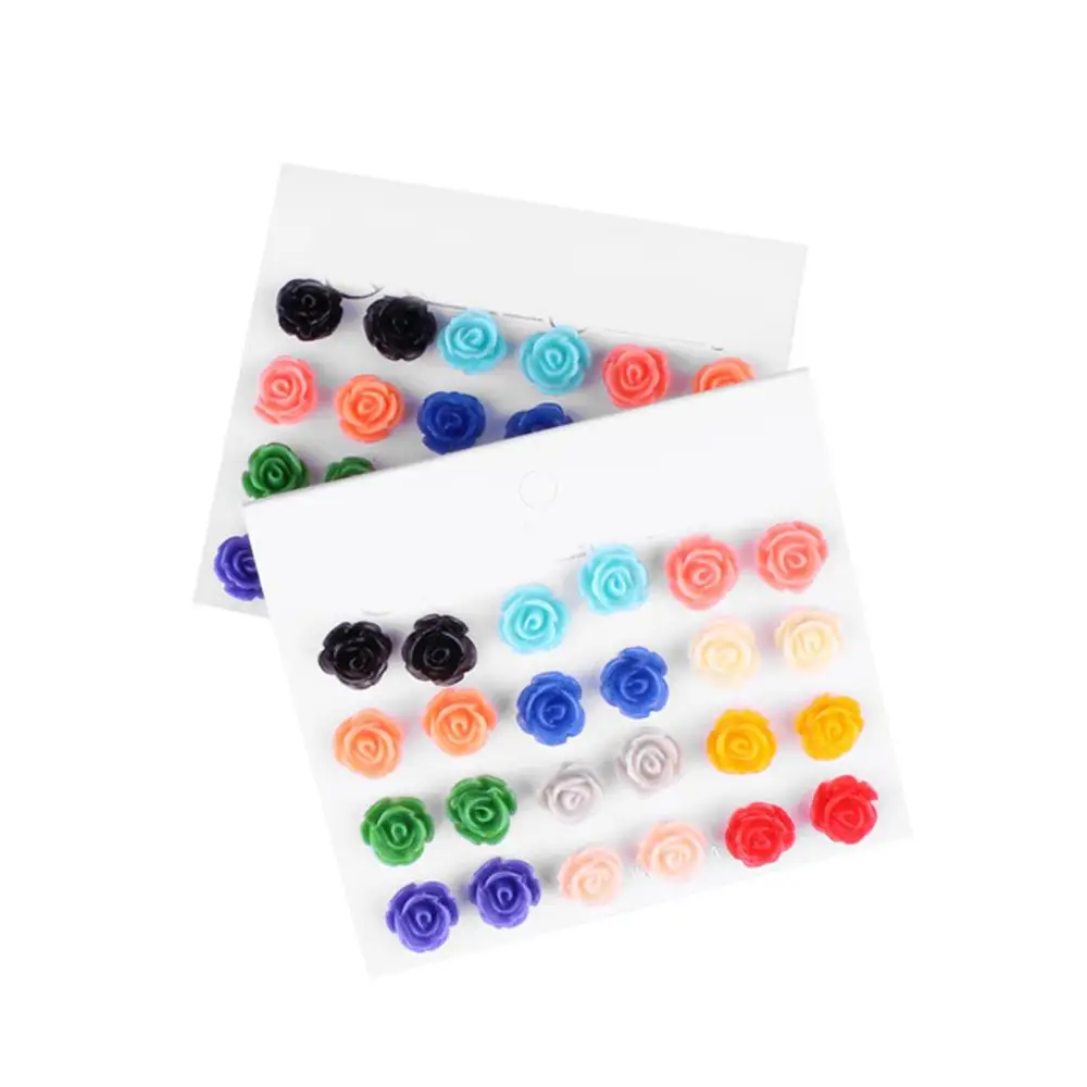 

12 Pairs Fashion Multi Color Stainless Steel Resin Rose Flower Stud Earring for Women Gift Party Wedding Jewelry
