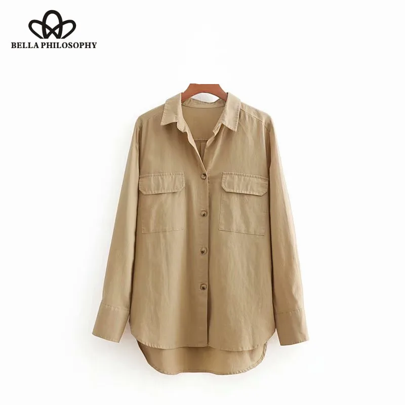 Wonder 2018 summer vintage long sleeve double pocket decoration linen blouses ladies casual business shirt femininas blusas tops