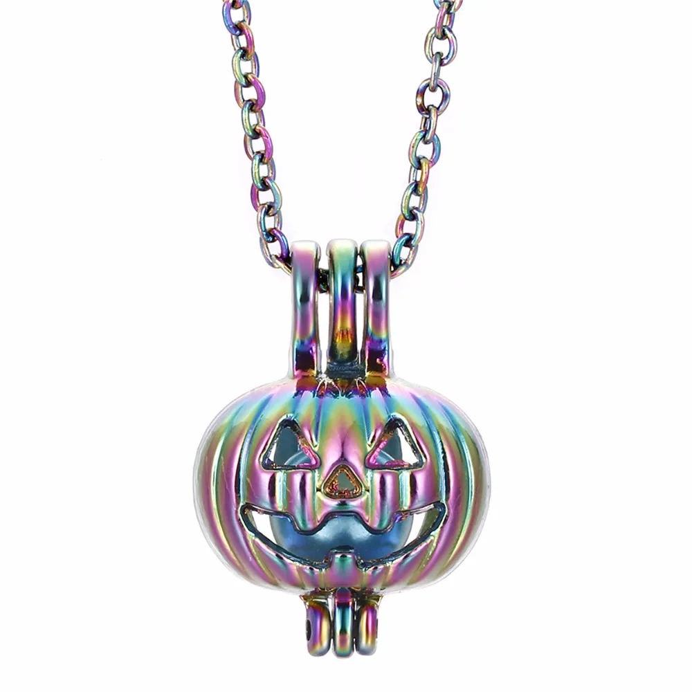 

1pc Rainbow Color Halloween Pumpkin Oyster Pearl Cage Necklace Beads Cage Essential Oil Diffuser Locket Pendant Necklace Jewelry