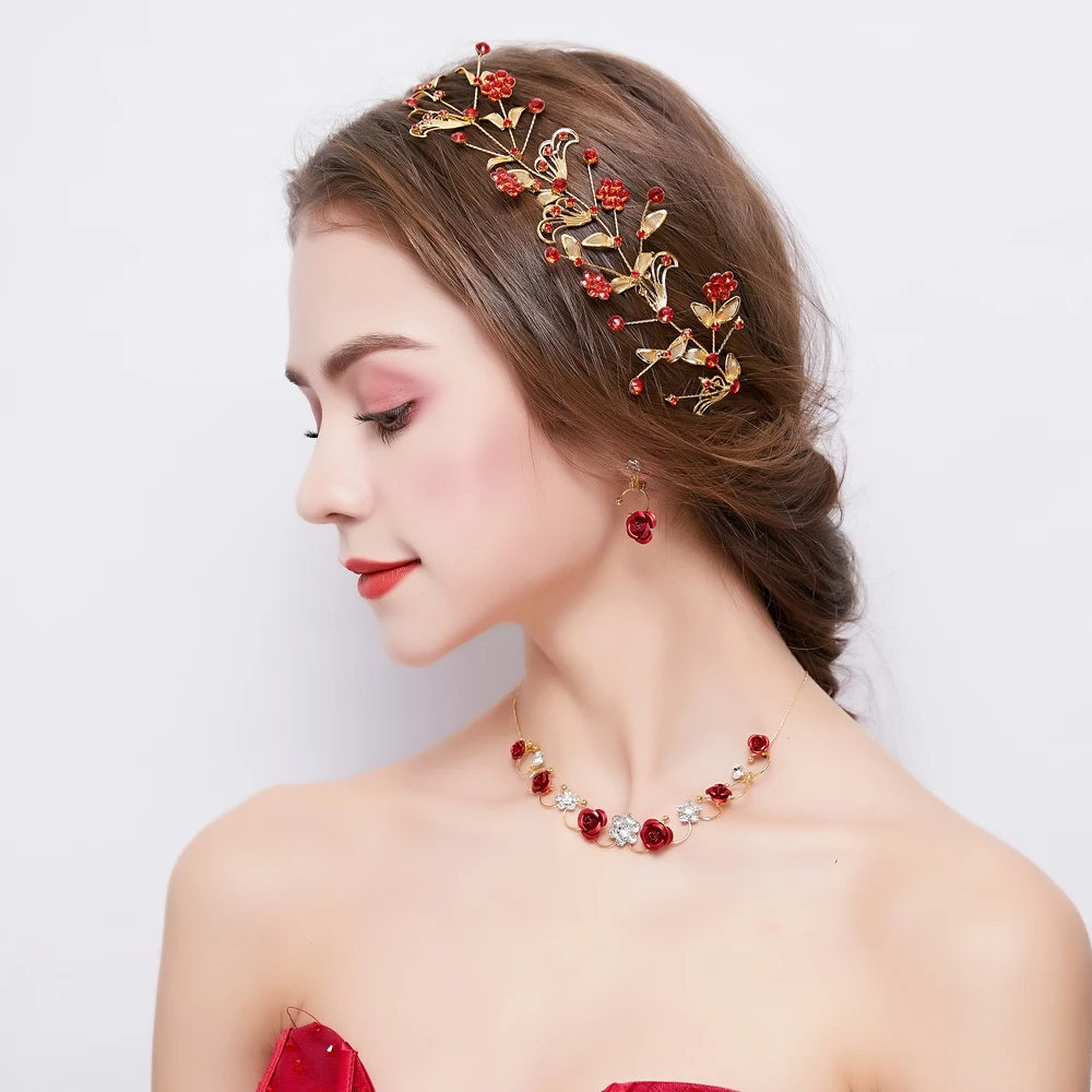 

Fashion Korean Jewelry Set Red Beaded Headband Hair Accessories Costume Headpiece Women Necklace Choker Earrings Engagement Gift