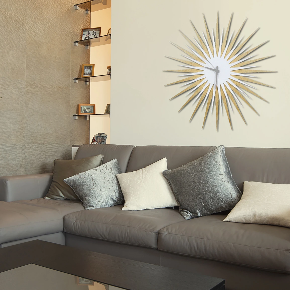 Atomic Era Clock - Maple White/Grey - Midcentury Modern Starburst Clock - 23W x 23H (1)