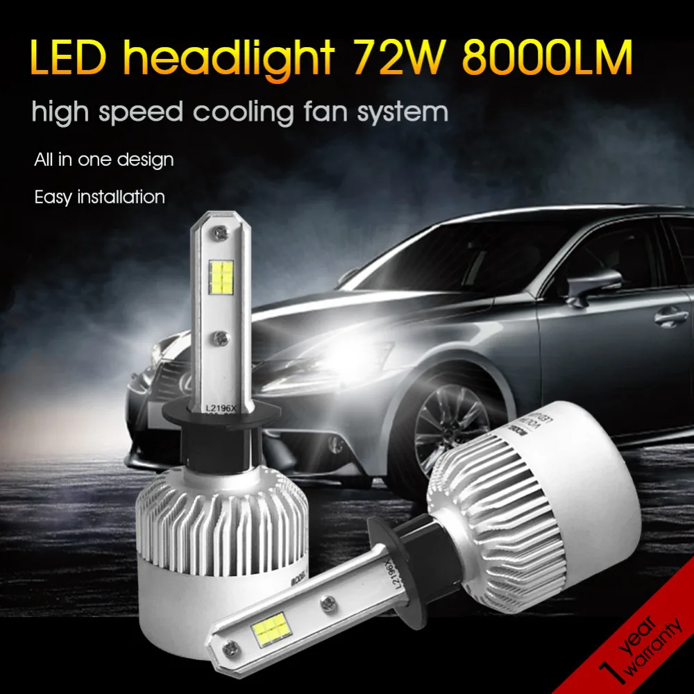 Super Bright H1 LED Car Headlight 72W 8000LM 6500K CSP Chips LED