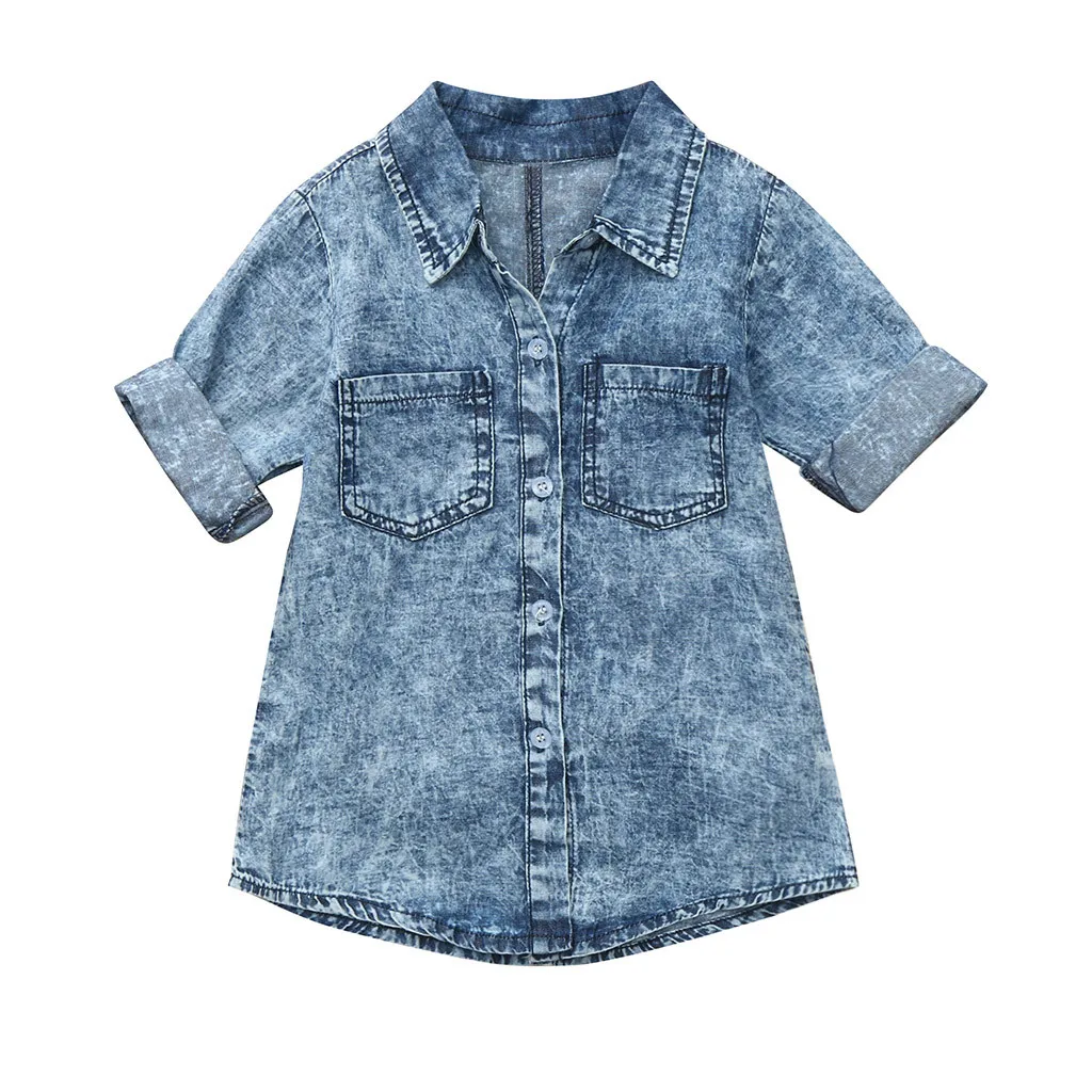 Стильная и Удобная джинсовая рубашка платье Amoi одежда для малышей с длинными рукавами для девочек одноцветное джинсовая рубашка платье джинсовые платья F4