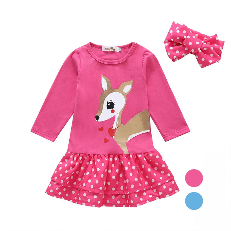

Girls Printed Deer Ruffle Dress with Headband for Girls 1-6y New 2019 Spring Casual Clothes Toddler Infant Girl Pink Blue Dress