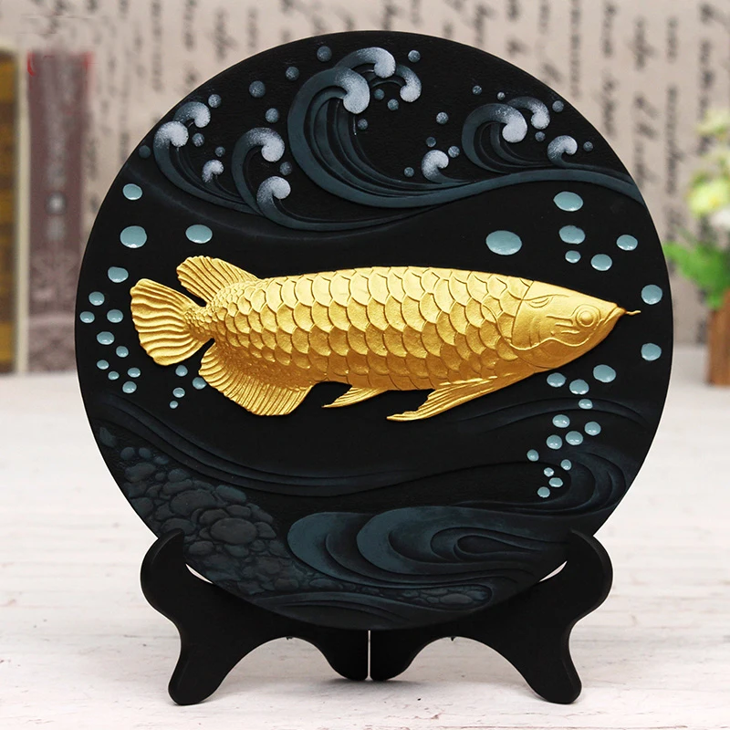

CHINA Foreign Business Gifts HOME OFFICE Company Talisman Auspicious Lucky Arowana Golden Fish Ornament Wood carving statue