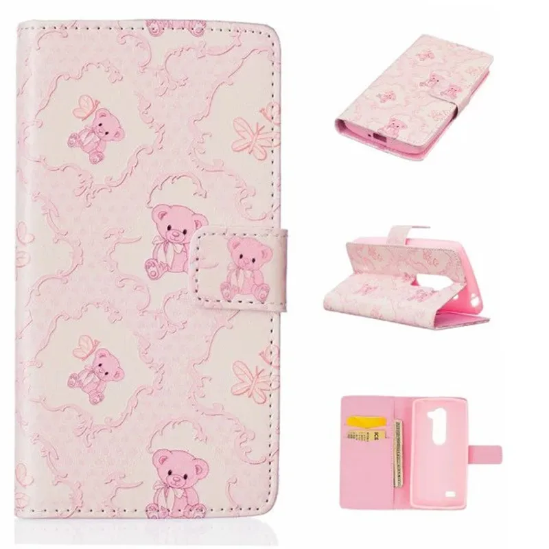 Fashion Teddy Bear Rose Flower Brand Flip Leather Wallet Phone Case For Coque LG Magna H502 F N Card Holders Stand Cover Fundas |