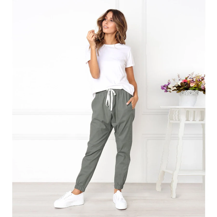 New Cargo Pants for Women Trousers Elastic Waist Loose Casual Solid ...