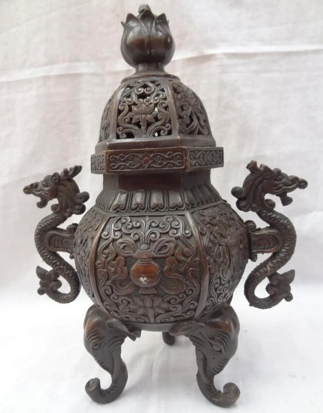 

Collectible bronze S1208 12" Chinese Bronze Auspicious Dragon Statue Lotus Elephant Incense Burner Censer B0403