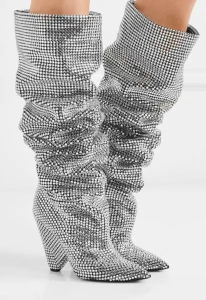

blingbling new fashion lady spike chunky heel silver rhinestones knee high boots silver diamonds knee boots real photos custom