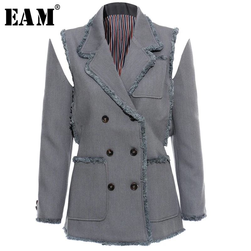

[EAM] 2019 New Autumn Winter Turn Down Collar Long Sleeve Double Breasted Pockets Personality Jacket Women Coat Fashion JX643