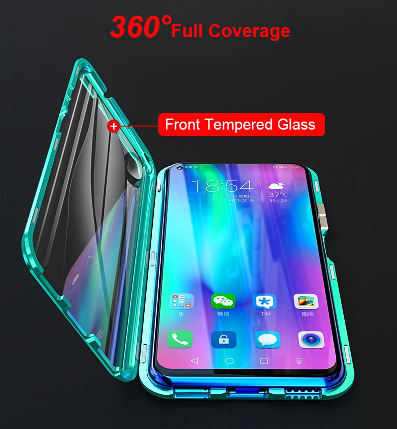 Чехол для huawei honor 20 Pro, Магнитный чехол 360, передний+ задний 9 H, чехол из закаленного стекла для honor 20 9X Pro, металлический бампер, противоударный