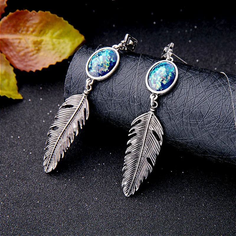 Nihaojewelry Retro Natural Stone Feather Pendant Earrings Gold Silver Color Alloy Fashion Jewelry for Woman |