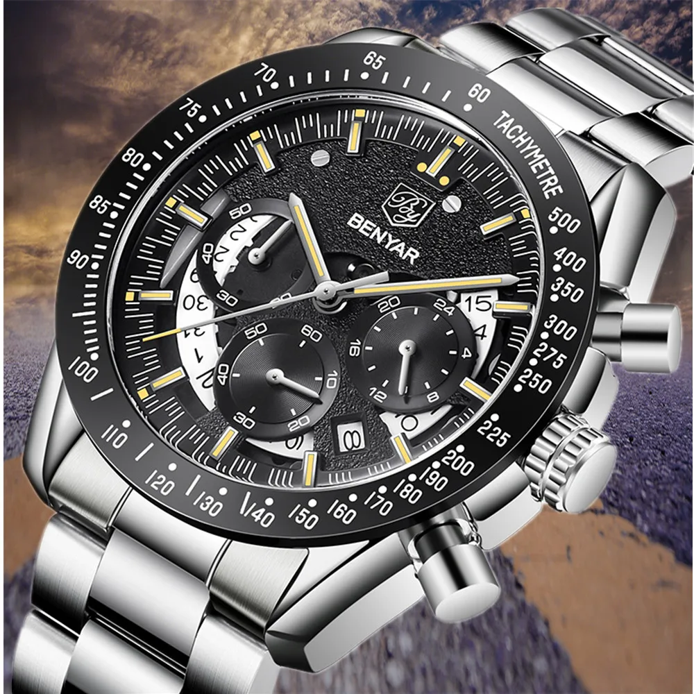 

New Arrival Fashion Men Calendar Function Watches Brand BENYAR stainless Steel Quartz Wristwatches Waterproof Relogio Masculino