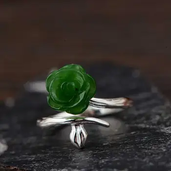 

FNJ 925 Silver Jade Ring Flower Natural Green Stone Pure Original S925 Sterling Silver Rings for Women Jewelry Adjustable Size