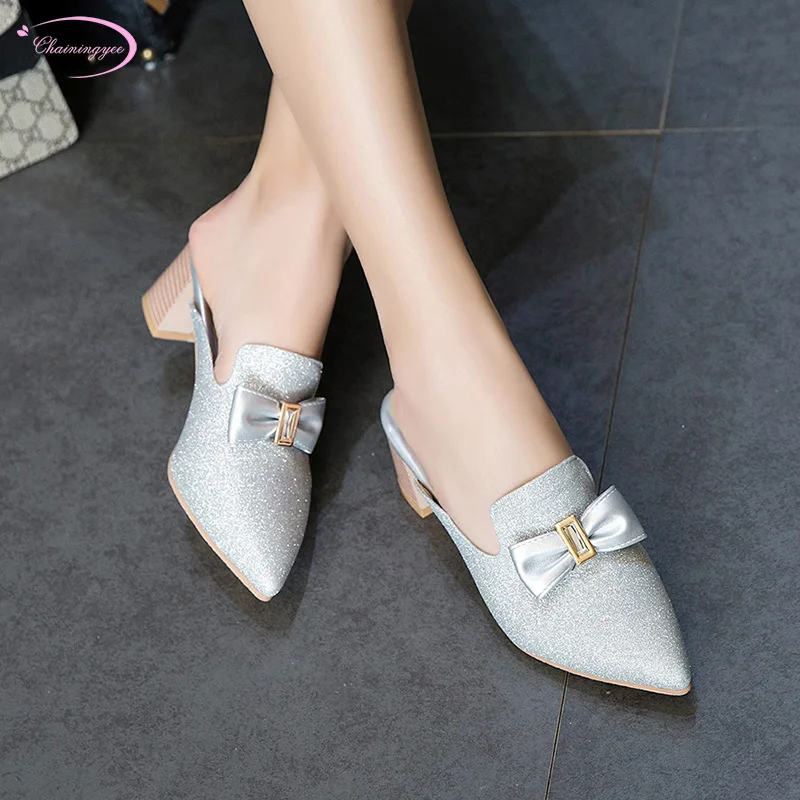 

European nightclub style sexy pointed toe summer slippers sequined bowknot gold silver purple kitten medium heel women shoes