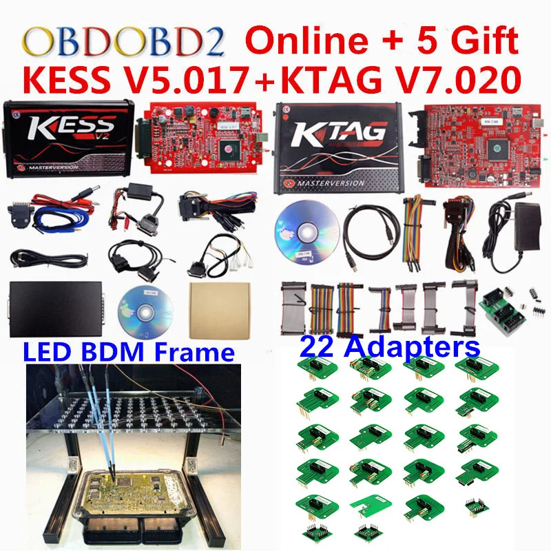 

Full Set Online Master KTAG 7.020 Kess V5.017 V2.47 Kess V2 OBD2 Manager Tuning Kit LED BDM Frame 22 Adapters ECU Programmer