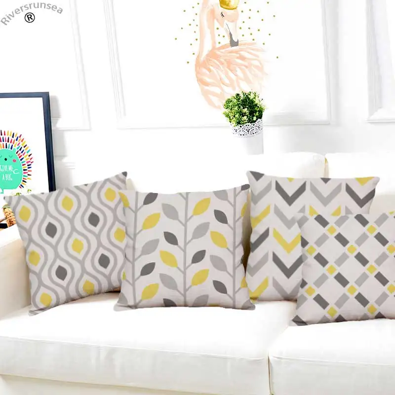 

Yellow Pillow Gray Cushion Geometric Rhombus Triangle Wave Stripe Lattice Line Petals Abstract Art Square Almofadas Para Sofa