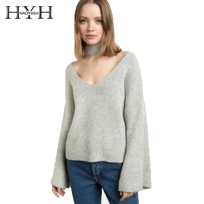 HYH HAOYIHUI  Gray V Neck Choker Female Pullover Casual Autumn Flare Sleeve Women Sweaters Vintage Sexy Basic Pullover Sweater