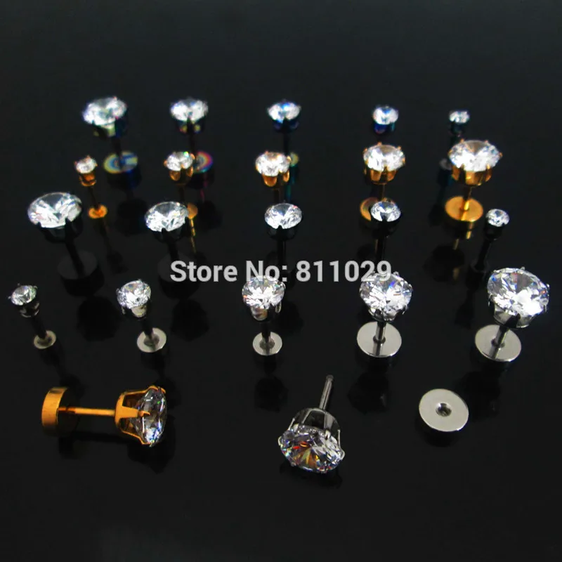 

free shipping illusion cheaters 20pcs Stainless Steel crown gem cubic CZ zircon ear piercing fake plugs earring