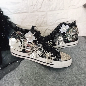 

Spring fashion thick-soled sequins flowers increased rhinestone canvas shoes women's high-top casual shoes
