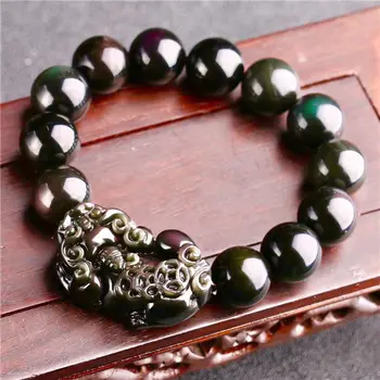 

12MM Natural Black Obsidian Rainbow Gemstone pixiu Round Beads Stretch Bracelet