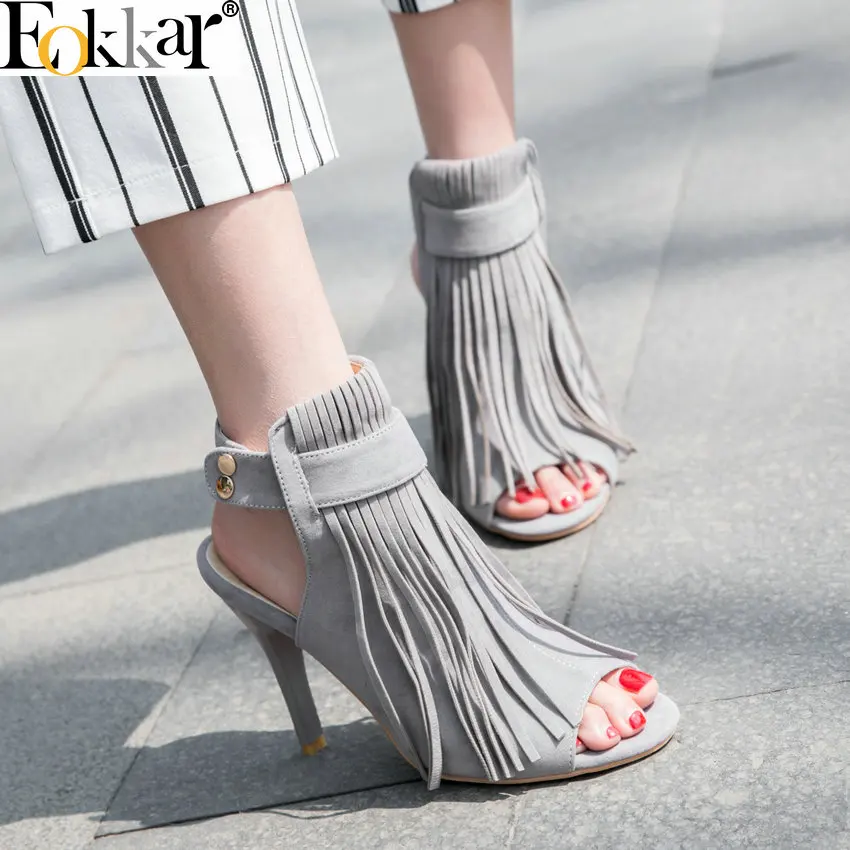 

Eokkar 2019 Women Thin High Heel Pumps Sandals Flock Tassel Peep Toe Ankle Buckle Strap Ladies Shoes Gray Slingbacks Size 34-43