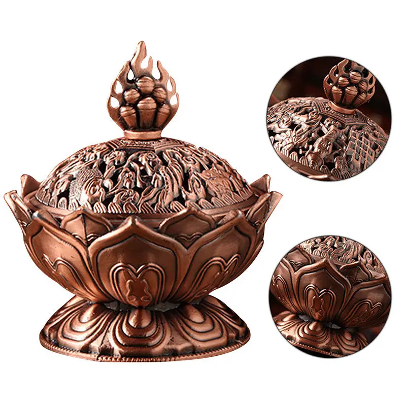 JX-LCLYL Alloy Chinese Lotus Hollow Cover Incense Burner Aromatherapy Censer Cone Holder