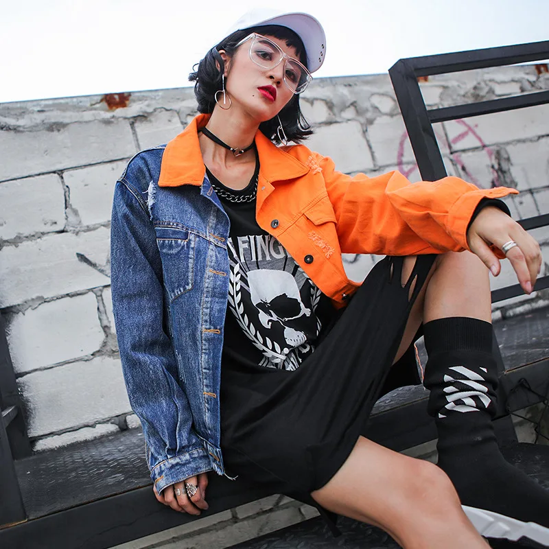 Harajuku Veste Pour Décontracté Lâche Femme Vêtements Camel Trou Jean Imprimer Hop Streetwear Hip Spliced Denim Manteau Déchiré Mode Femmes n8w0OvmN
