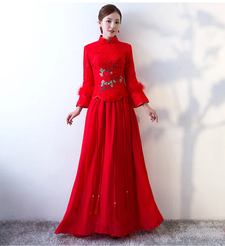 2017 китайское свадебное платье для женщин красный Cheongsam Сексуальная длинное Ципао китайские традиционные платья невесты традиции