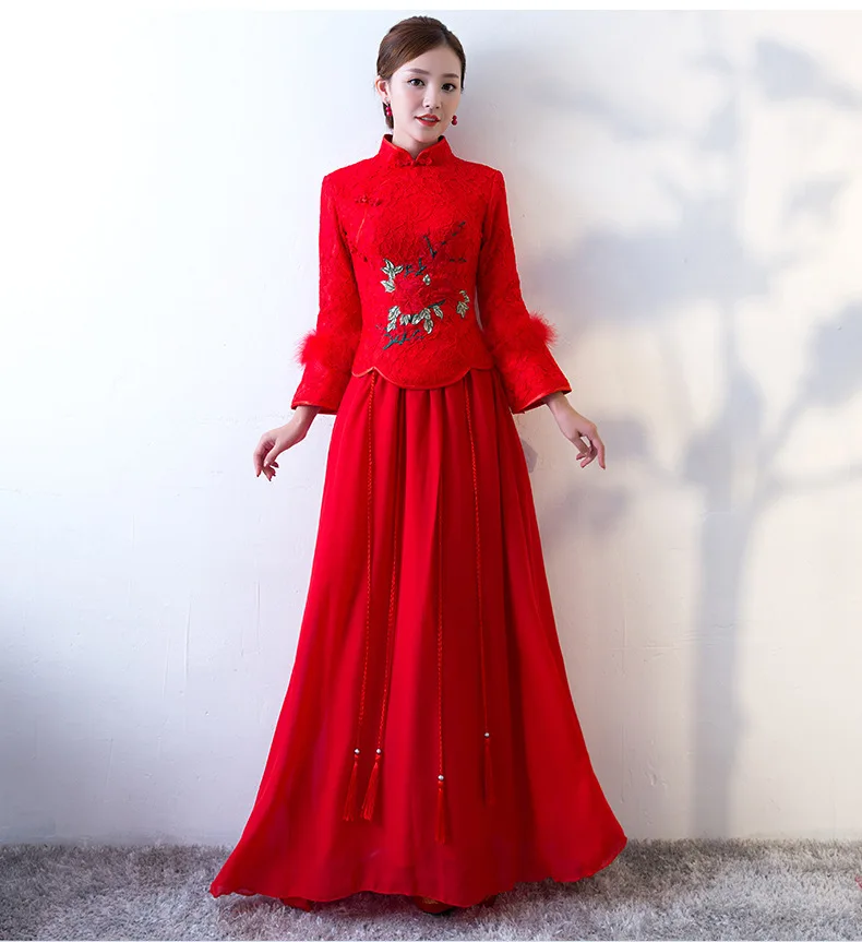 Китайское свадебное платье женское Красное Cheongsam сексуальное длинное Qipao китайские традиционные платья невесты традиционные восточные воротники
