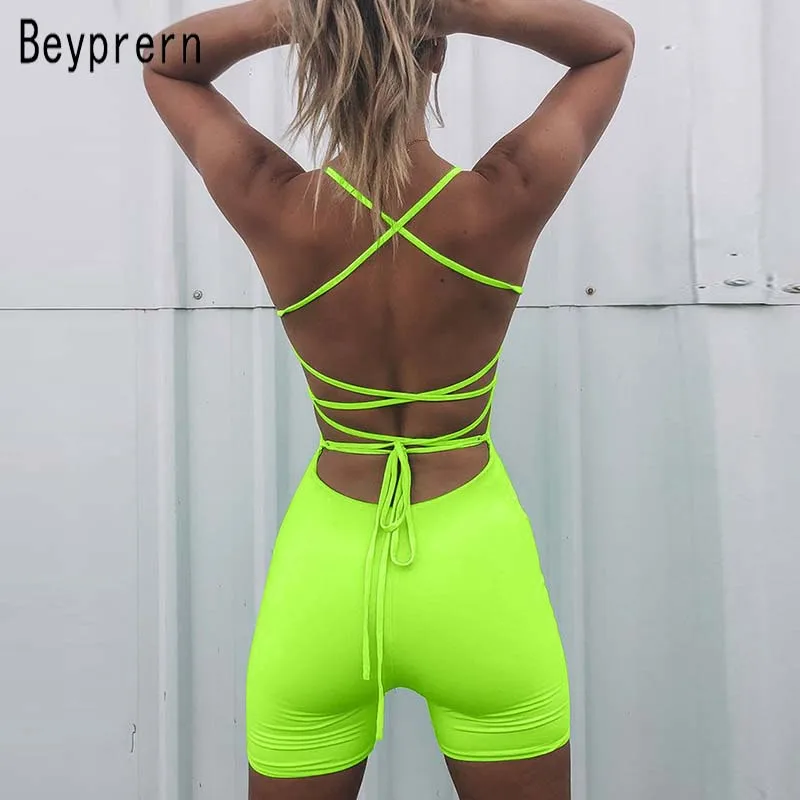 

Beyprern Stretchy Unitard Fluro Green Open Lace Up Back Short Bodysuit For Women Boho Spaghetti Strap Skinny Rompers Streetwears