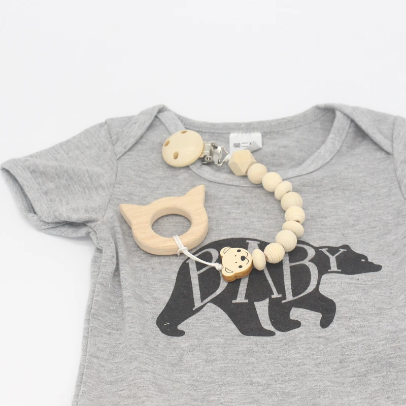 XCQGH Newborn Pacifier Nipple Holder Clip Baby Attache Sucette Cute Wooden Bear Round Beads Teether Soother Strap Chain