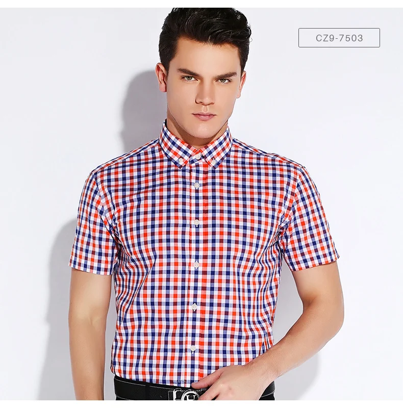 Для мужчин; короткий рукав контрастной платье в клетку Рубашка удобная натуральный хлопок тонкий смарт Повседневное мини-Check Slim-fit Button-down