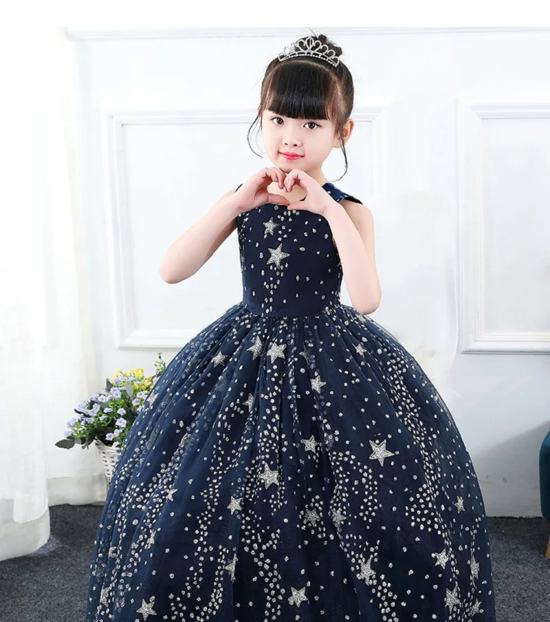 Детские платья для дня рождения; темно-синее длинное платье принцессы со звездой для девочек; Детские вечерние платья из тюля для торжеств, свадьбы; вечерняя одежда; BW045