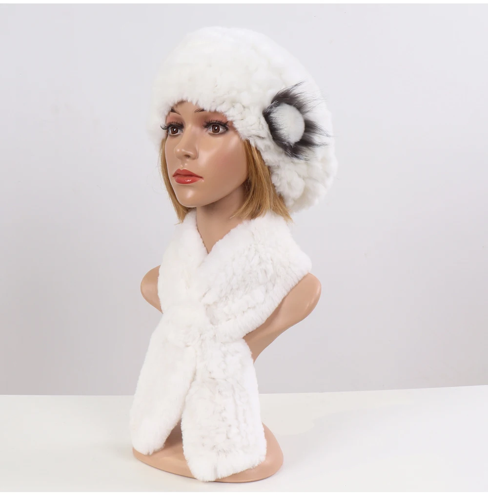 Новая зимняя женская теплая Настоящий мех кролика шапка с натуральным шарф из меха кролика рекс 2 шт наборы модный головной убор и глушитель