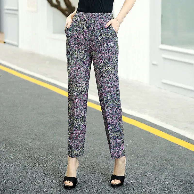 Модные длинные летние брюки с эластичным поясом и принтом, брюки карандаш свободного покроя размера плюс, женские брюки с высокой талией, брюки XL-5XL - Цвет: 12