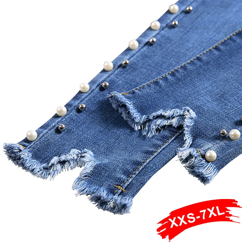 

Summer Plus Size Skinny Side Pearl Beading White Wash Capris Jeans 4Xl 5Xl Light Blue Women Casual Stretch Denim Pants Trousers