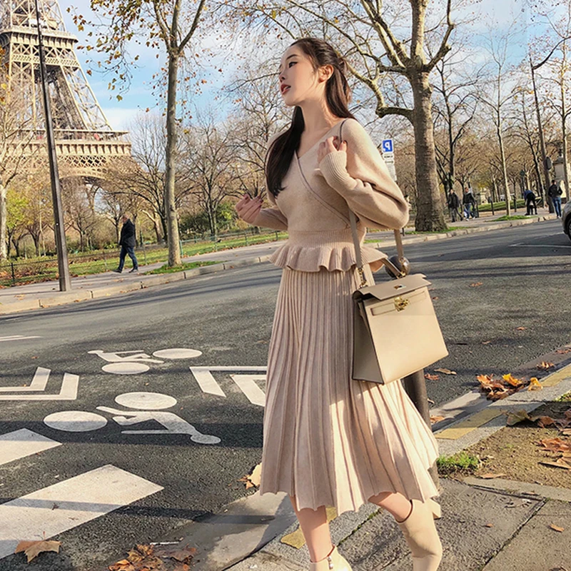 

Women's suit female new style autumn and winter pullover sweater women's bottoming shirt + pleated skirt knitted two-piece suit