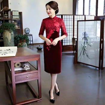 

New fashion Lace Embroidery Velour Cheongsams Dress women Half sleeve Midi Qipao fashion Plus size Traditional Chinese Dress