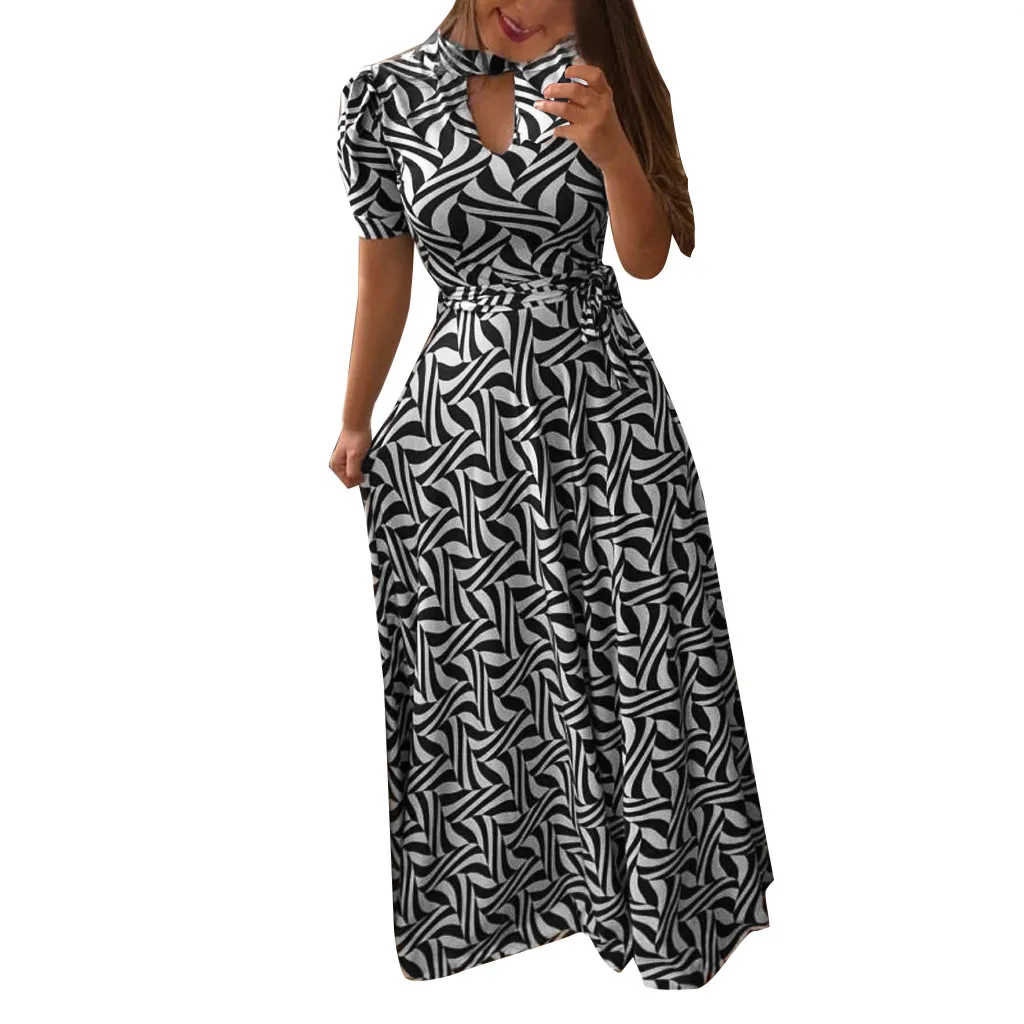 

Women Summer Short Sleeve Floral Printed Sundress Casual Swing Fit and Flare Floor-Length Puff Sleeve Dress Maxi Casual Dress