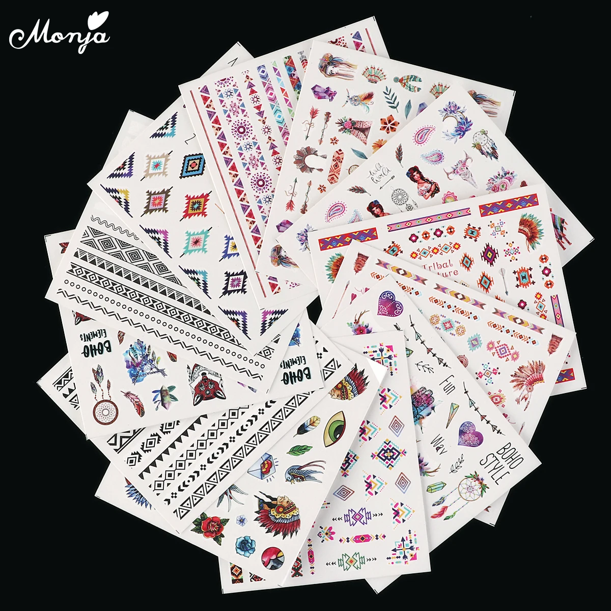 Monja, 12 листов, для дизайна ногтей, этническая серия, смешанный дизайн, переводные наклейки с полным покрытием, наклейки, 3D украшение для ногтей