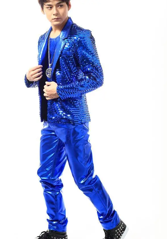 Личность Синий Блёстки этап 1 мода куртки мужские короткие пальто мужчины Куртки для мужчин комплекты одежды жилет и брюки