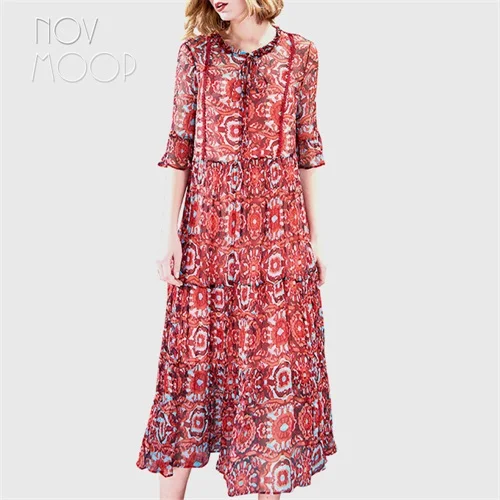 Red Novmoop European floral printed large size half-sleeve natural silk women dress for office outdoor robe en soie natural LT2778 - Цвет: Red