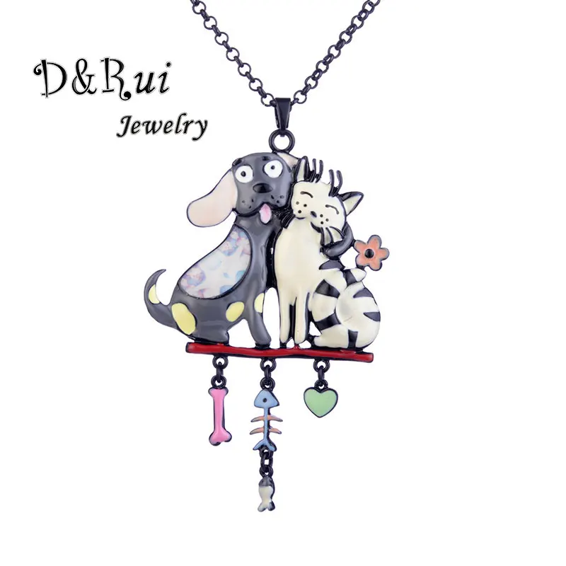 Ожерелье с подвеской в виде кошки и собаки, Женская цветная эмалированная цепочка из цинкового сплава, длинный свитер, Женский чокер, ожерелье для пары, аксессуары