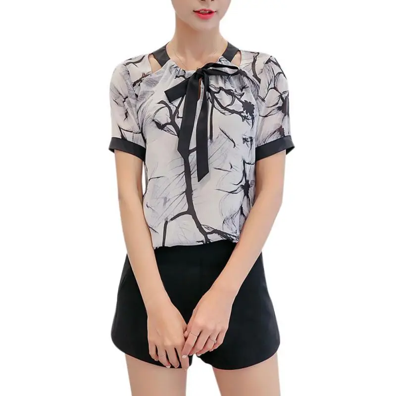 

Fashion Casual Slim Short Sleeves Chiffon Shirts Elegant Lady Office Blouses Tops